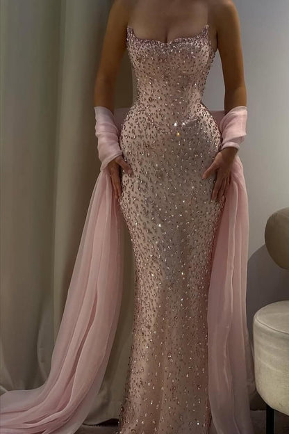 Charming Strapless Sleeveless Long Mermaid Prom Dress With Beading Party Dress For Women AB1511