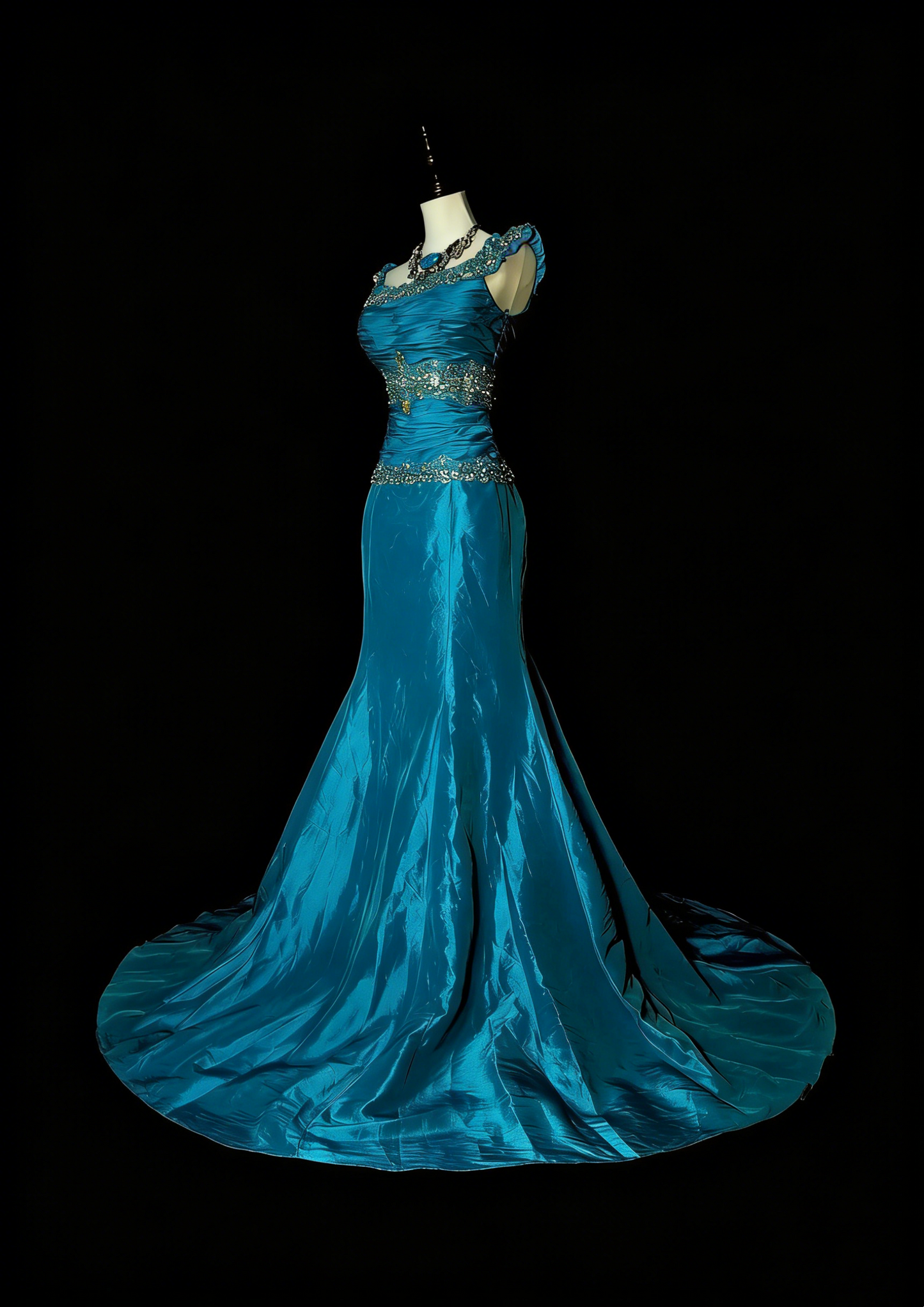 Vintage Mermaid Square Neck Blue With Beaded Long Summer Prom Dresses Spring Formal Party Dress N1422