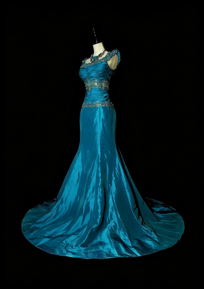Vintage Mermaid Square Neck Blue With Beaded Long Summer Prom Dresses Spring Formal Party Dress N1422