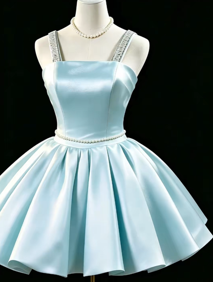 Cute Ball Gown Straps Blue Satin Short Mini High School Ideas Homecoming Dress Inspo Birthday Dresses Senior Graduation Outfits RB7184