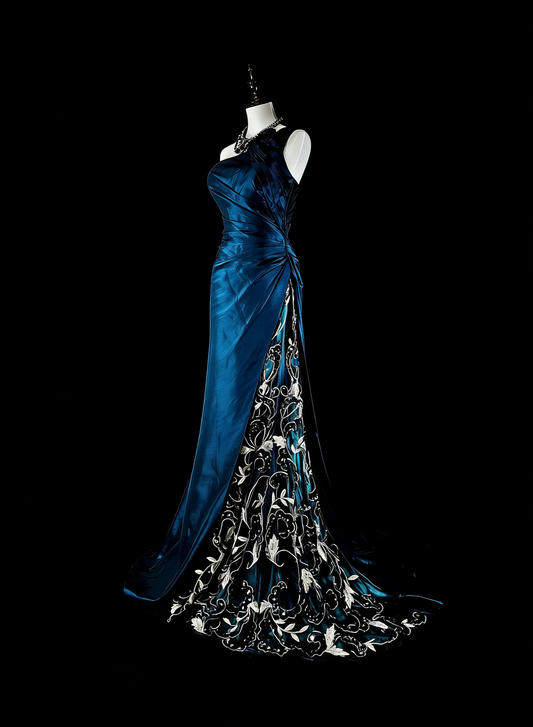 Vintage Prom Dresses Mermaid One Shoulder Navy Blue Satin With Beads Lace Long Party Dress N2371