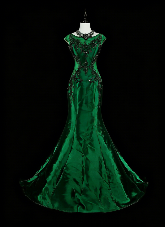Vintage Prom Dresses Mermaid Scoop Dark Green Satin With Beading 1980s Long Formal Gown N2705