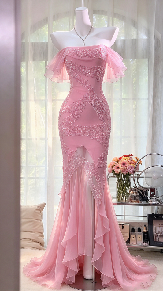 Prom Dresses Inspiration Mermaid Off Shoulder Pink Chiffon With Ruffled Long Formal Party Gown 8th Grade Dress RC1259