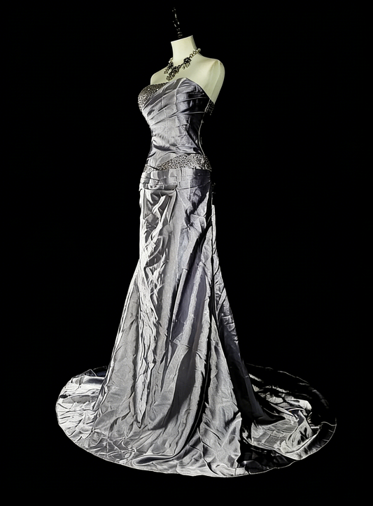 Vintage Prom Dresses Aesthetic Mermaid Strapless Silver Grey Taffeta Classic Inspo Party Dress N2001