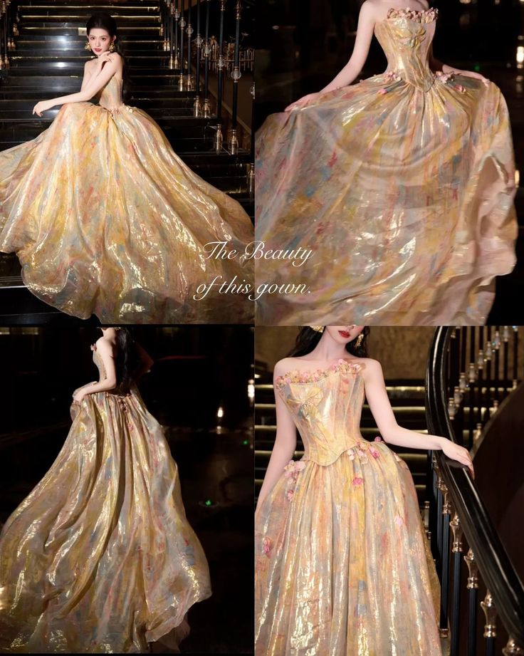 Modest A line Strapless Gold Prom Dresses With Flowers Long Evening Party Formal Outfits RB6543