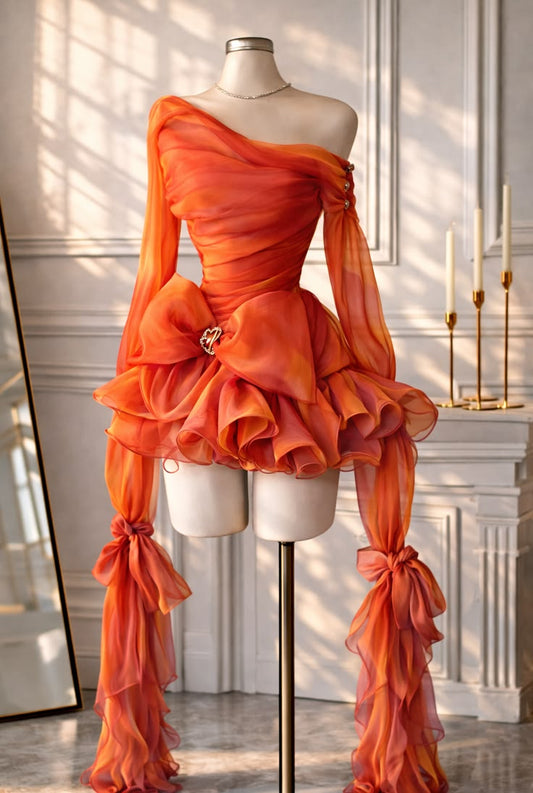 Sexy Short Homecoming Dresses A Line One Shoulder Orange Bright Mini Dress With Soft Layers Birthday Sweet 16 Dress Ideas Outfits RB7521
