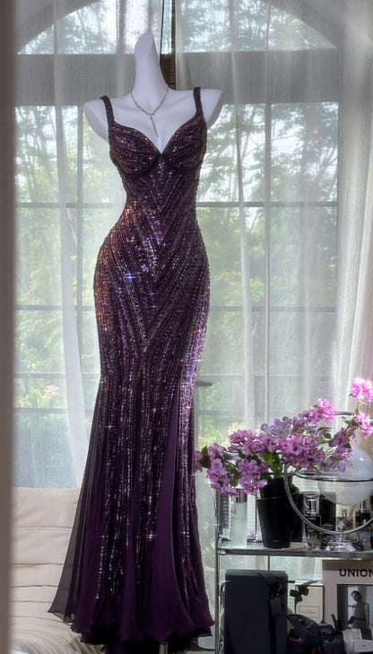 Vintage V Neck Dark Purple Chiffon Sequin Mermaid Long Party Gown Evening Dress 20th Birthday Outfits N875