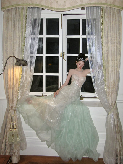 Glitter A line Strapless Green With Beaded Crystals Prom Dress Aesthetic Long Graduation Evening Outfits N069