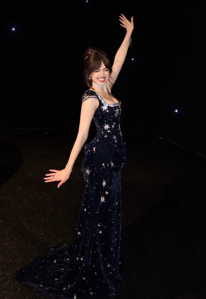 Prom Dress Mermaid Square Navy Blue Vestidos Velvet Floor Length Formal Gown for Women Graduation Party RB9446