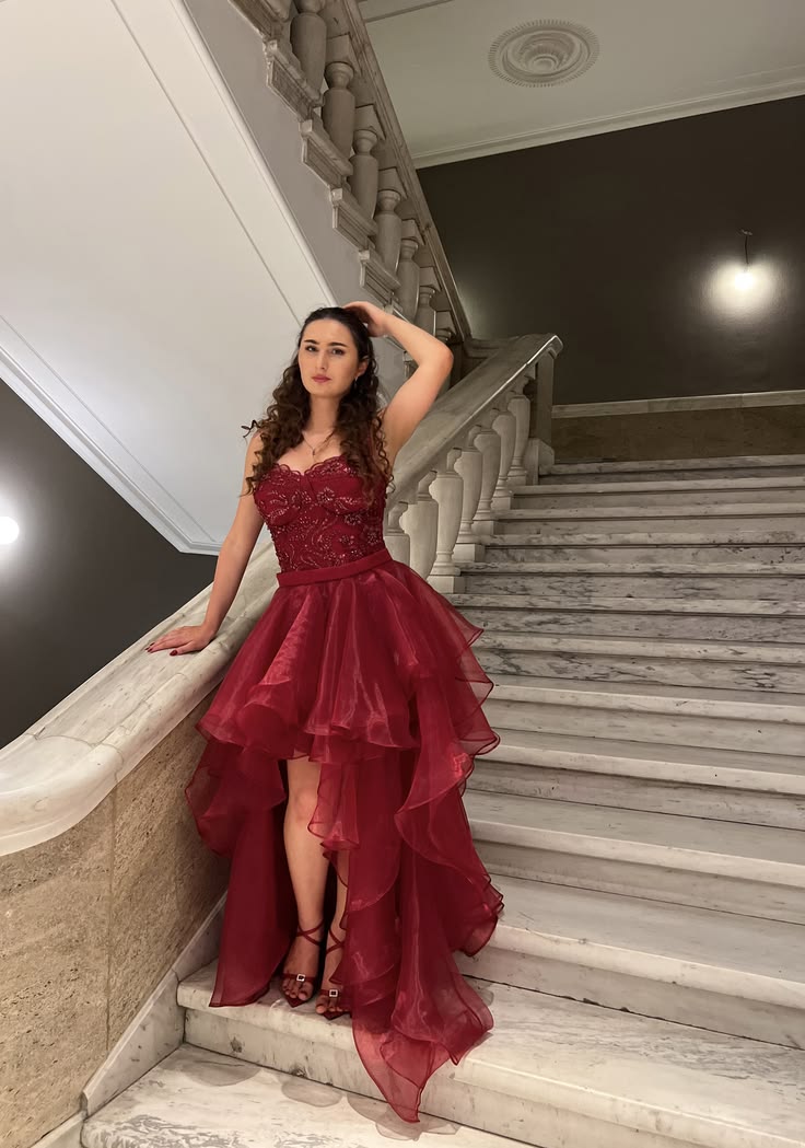 Prom Dresses Sparkly High Low Strapless Burgundy Formal Evening Gown for Graduation Party RB9452