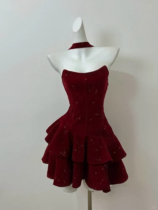 Elegant Ball Gown Strapless Burgundy Sparkle Velvet Party Dress Short Mini 18th Birthday Dresses Hoco Outfits RB3501