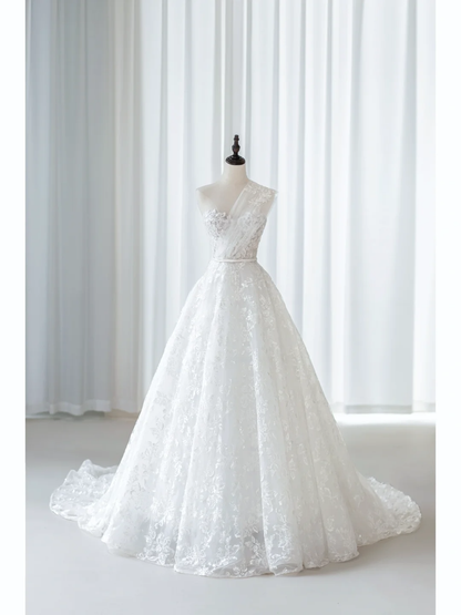 Simple Ball Gown One Shoulder Tulle Lace White Fit And Flare Long Floor Length Pleats Wedding Dress AB1007