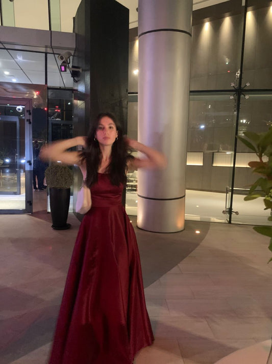 Modest A Line Spaghetti Strap Burgundy Satin Prom Dresses Inspo For Teens Formal Dress Party Outfits Prom Gowns AB075
