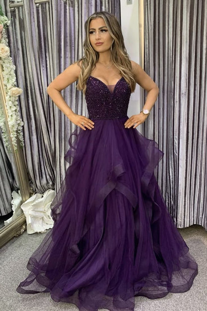 Modest Purple tulle long A line prom dress with beads Formal Party Gown AB460