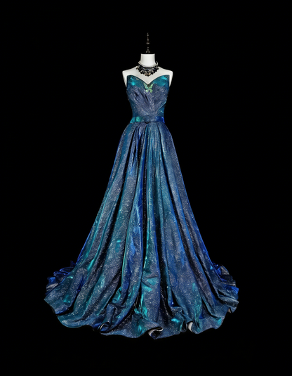Vintage Ball Gown Sweetheart Navy Blue 70s Sequins Long Prom Gown Party Wear Dresses N1832