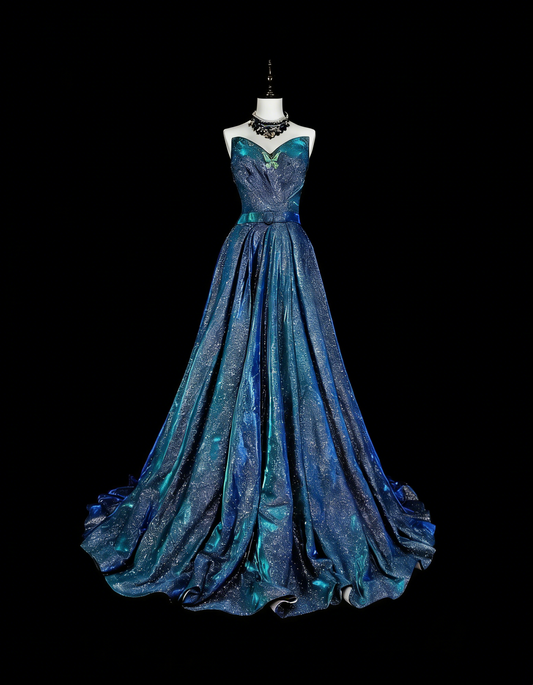 Vintage Ball Gown Sweetheart Navy Blue 70s Sequins Long Prom Gown Party Wear Dresses N1832