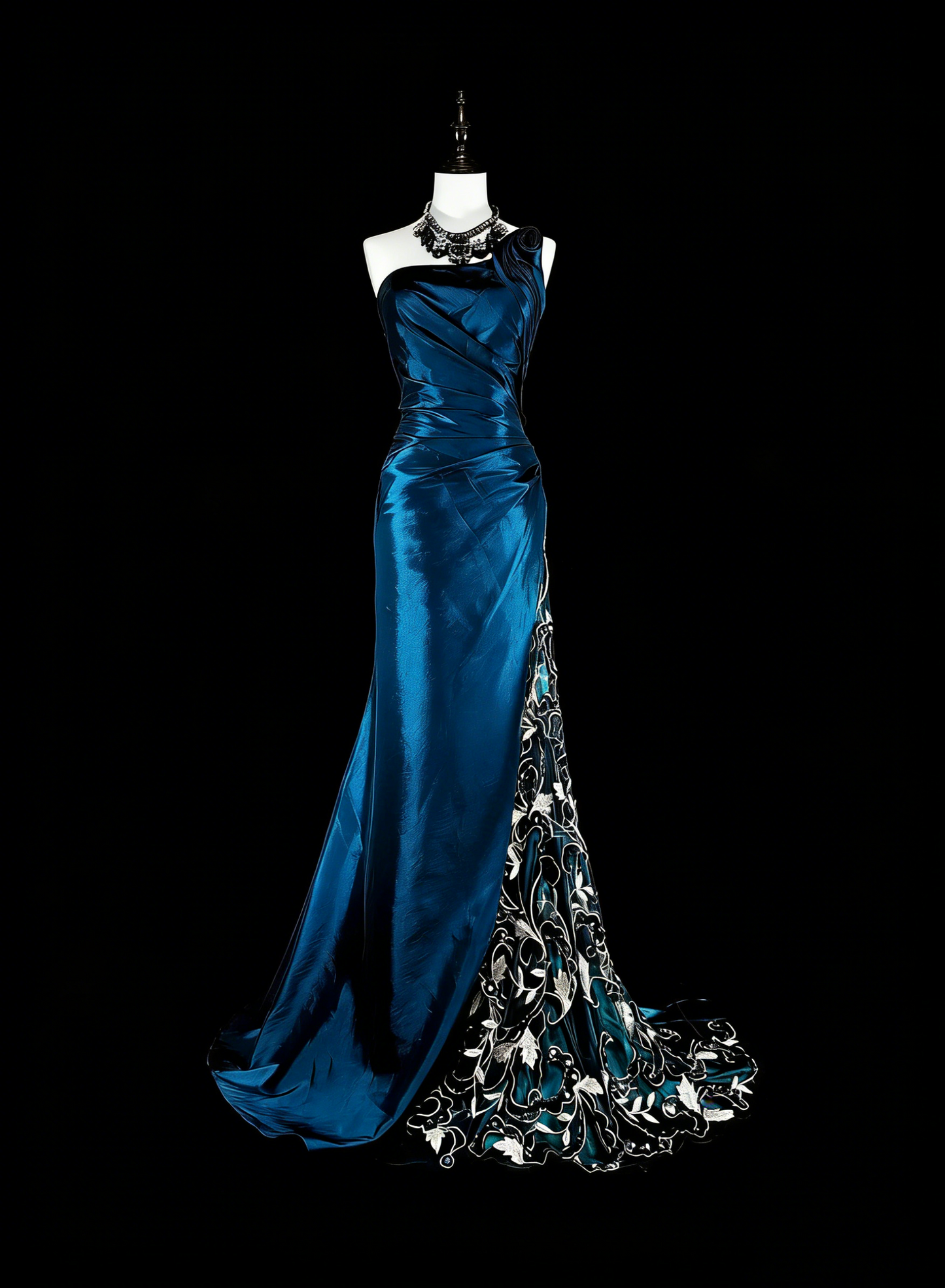 Vintage Prom Dresses Mermaid One Shoulder Navy Blue Satin With Beads Lace Long Party Dress N2371
