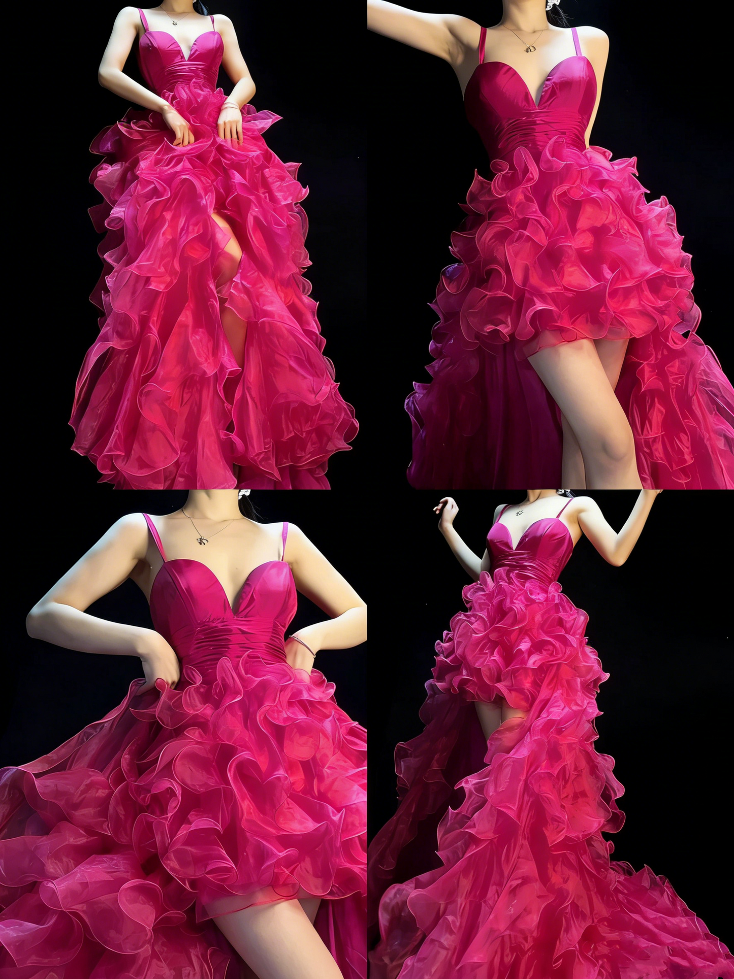 Elegant High Low Sweetheart Hot Pink Organza Floor Length Inspiration Long Prom Dress N1195