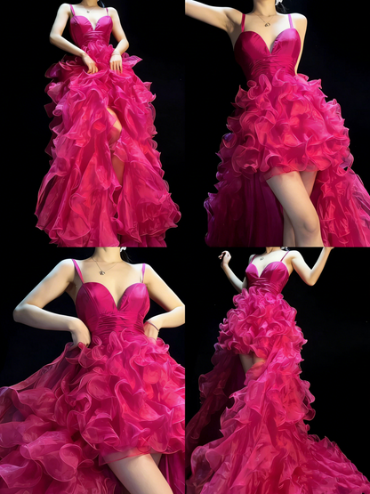 Elegant High Low Sweetheart Hot Pink Organza Floor Length Inspiration Long Prom Dress N1195