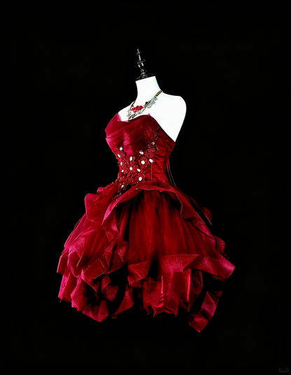 Vintage Ball Gown Strapless Burgundy Short Inspo 2000s Hoco Gowns Inspo Homecoming Dresses N1610