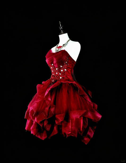 Vintage Ball Gown Strapless Burgundy Short Inspo 2000s Hoco Gowns Inspo Homecoming Dresses N1610