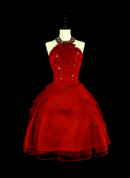 Unique Ball Gown Halter Tulle Red Inspo Vintage Fashion 2000s Hoco Gowns Short Inspo Homecoming Dresses N2019
