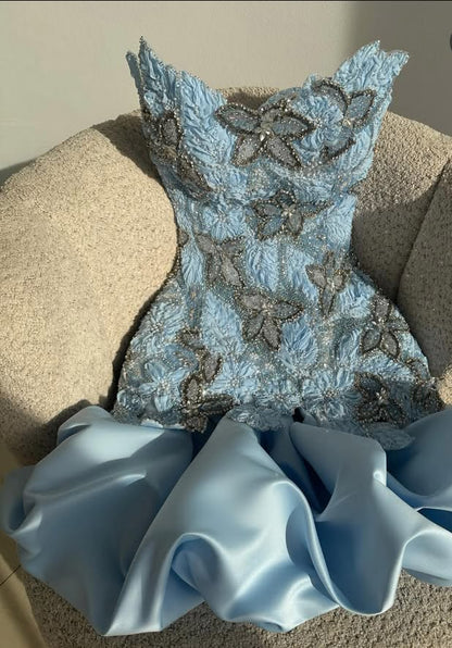 Sparkly Sheath Strapless Blue With Crystals Graduation Gown Mini Senior Inspo Short Homecoming Dress RB3138