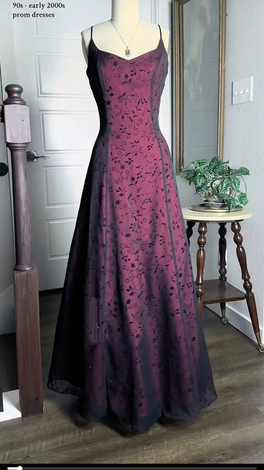 Vintage Prom Dresses A Line Spaghetti Strap Burgundy 2000s Long 90s Evening Formal Dress RB3337