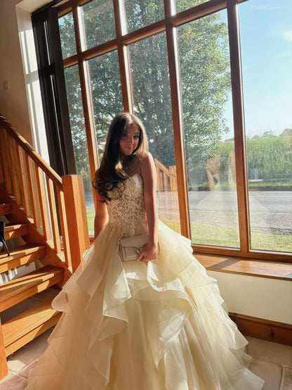 Prom Dress Ball Gown Yellow Puffy Lace Floor Length Formal Evening Gown for Graduation Party RB9465
