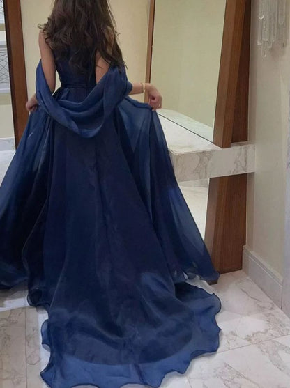 Modest Navy Blue Organza A-line Evening Prom Dresses Long Formal Party Gowns AB696