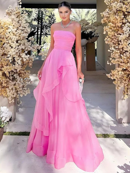 Gorgeous Fashion Pink A Line Strapless Organza Prom Dress Formal Gowns AB397