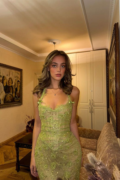 Romantic Green Sweetheart Halter Sleeveless Prom Dresses Mermaid Column With Appliques Beads AB1537