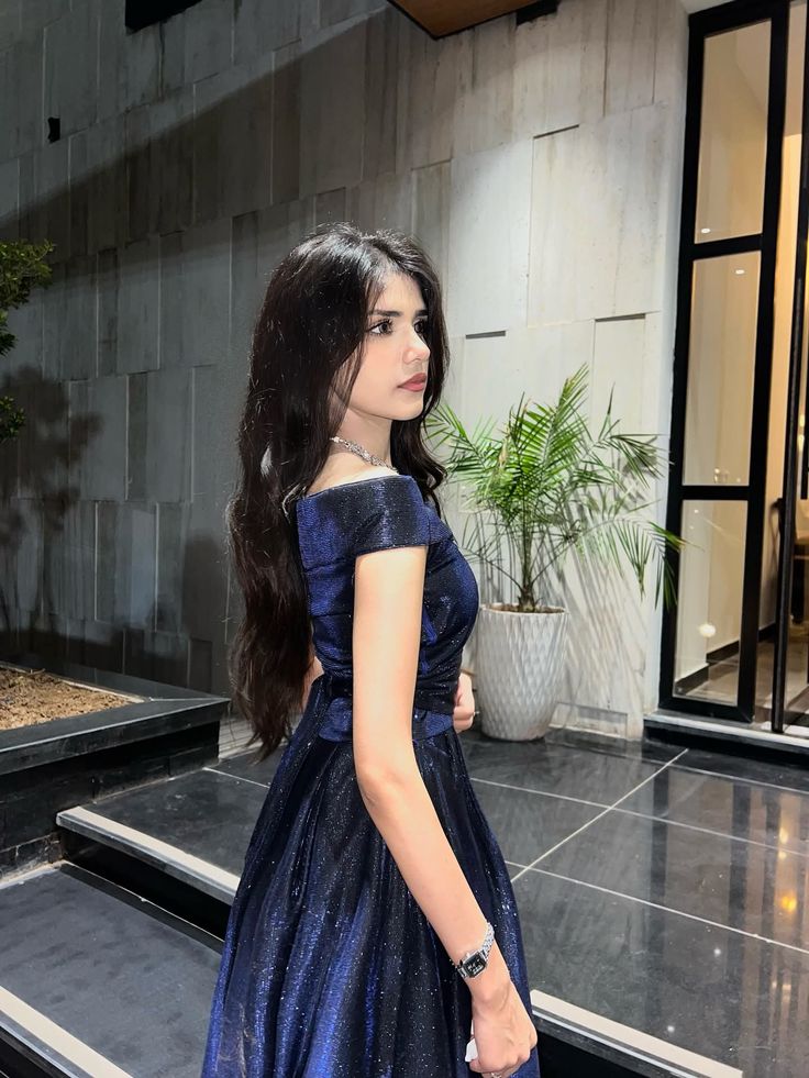 A Line Dark Navy Off-The-Shoulder Long Train Prom Dress Inspo Prom Gown AB1033