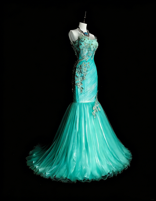 Vintage Prom Dresses Aesthetic Mermaid Sweetheart Green Tulle With Appliques Long Formal Dress N2160