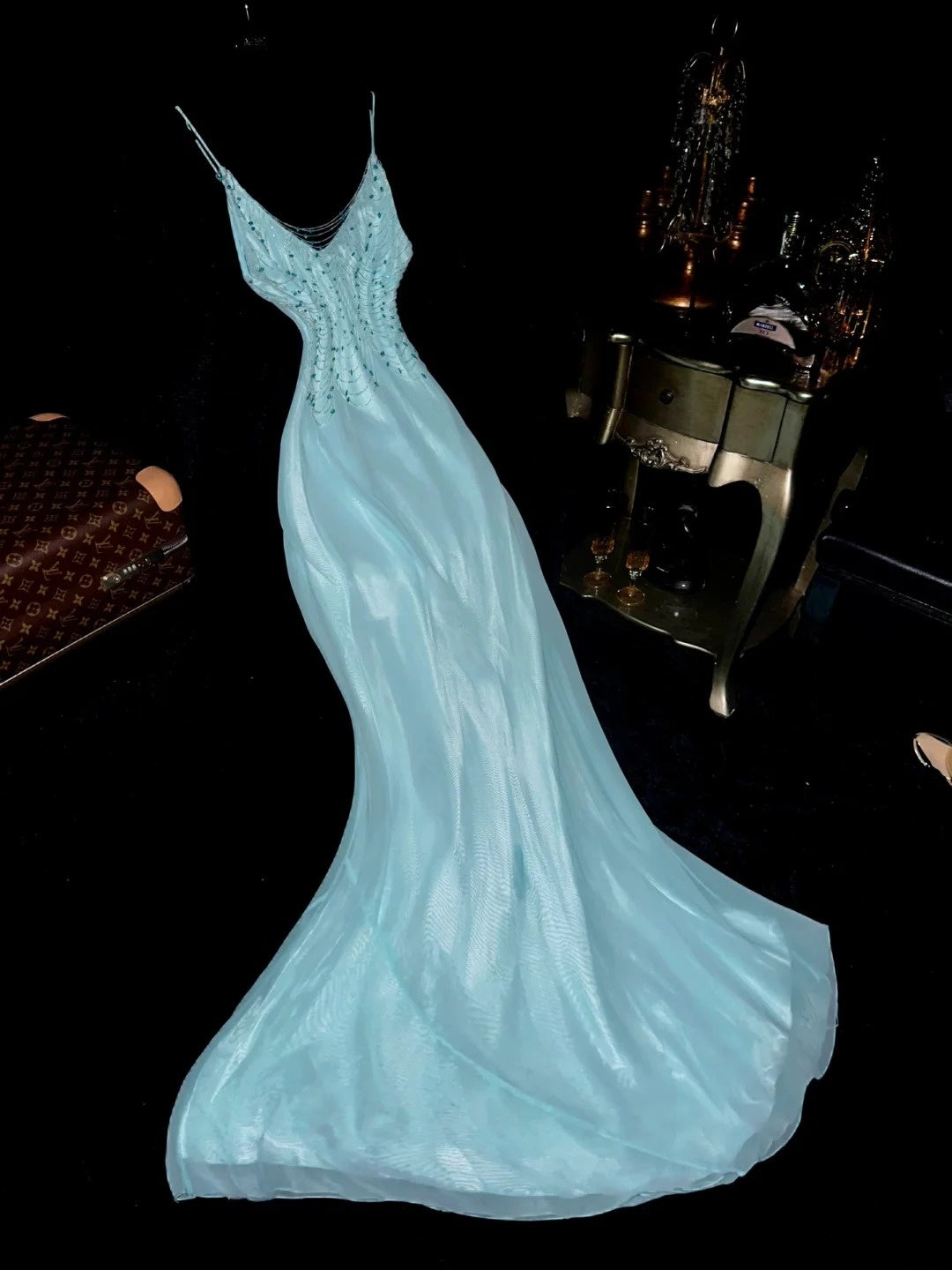 Elegant Mermaid Spaghetti Strap Blue Chiffon With Beading Long Prom Dresses Formal Outfits Evening Night Dress RB8265