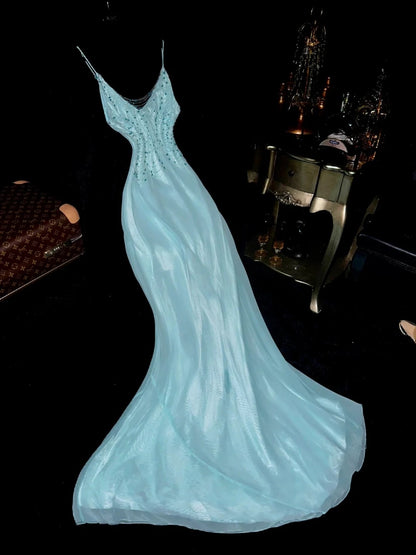 Elegant Mermaid Spaghetti Strap Blue Chiffon With Beading Long Prom Dresses Formal Outfits Evening Night Dress RB8265