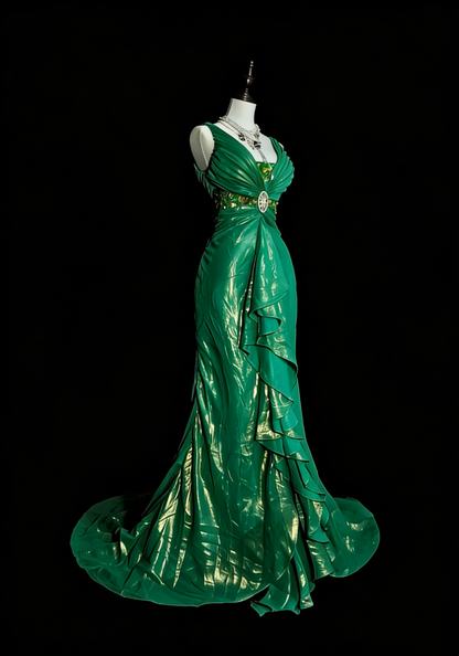 Vintage Mermaid V Neck Dark Green 90s With Ruffles Beaded Long Summer Prom Dresses Senior High Schools Formal Party Dress N1427