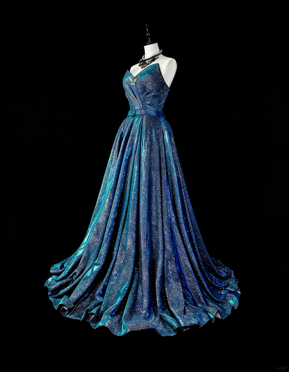 Vintage Ball Gown Sweetheart Navy Blue 70s Sequins Long Prom Gown Party Wear Dresses N1832