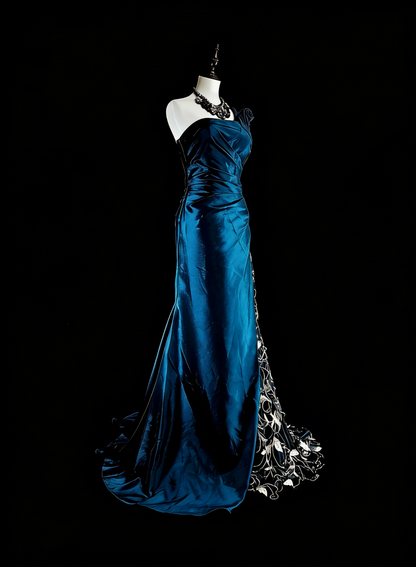 Vintage Prom Dresses Mermaid One Shoulder Navy Blue Satin With Beads Lace Long Party Dress N2371