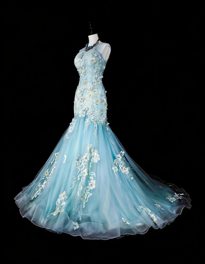 Vintage Prom Dresses Aesthetic Mermaid Light Sky Blue Tulle Lace Classic Inspo Party Dress N2002