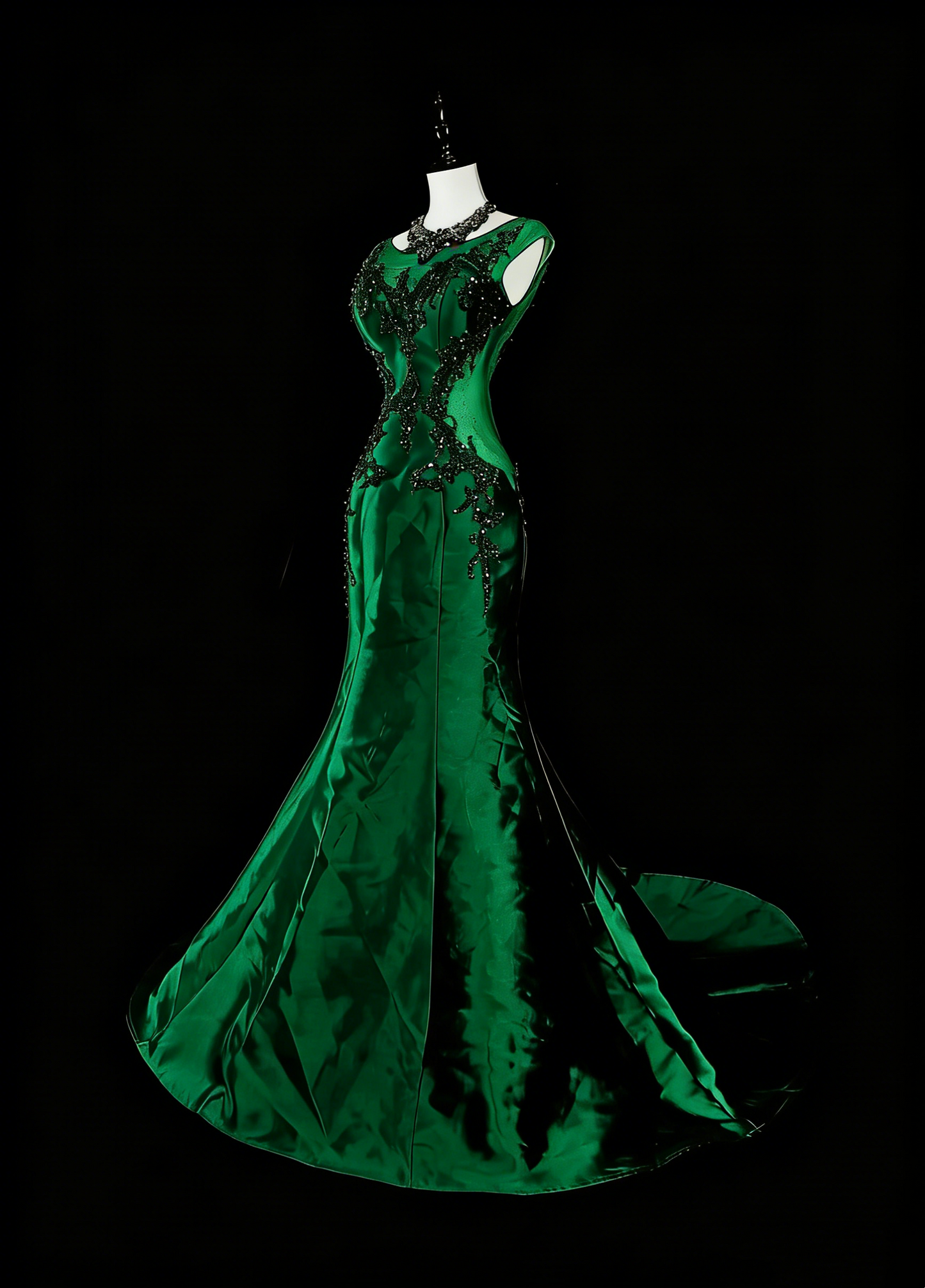 Vintage Prom Dresses Mermaid Scoop Dark Green Satin With Beading 1980s Long Formal Gown N2705