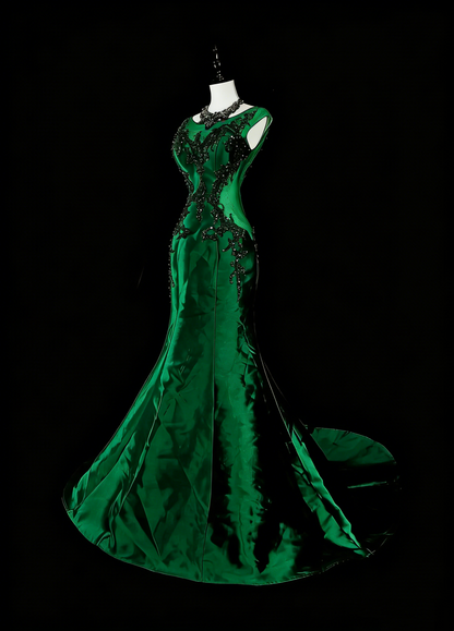 Vintage Prom Dresses Mermaid Scoop Dark Green Satin With Beading 1980s Long Formal Gown N2705
