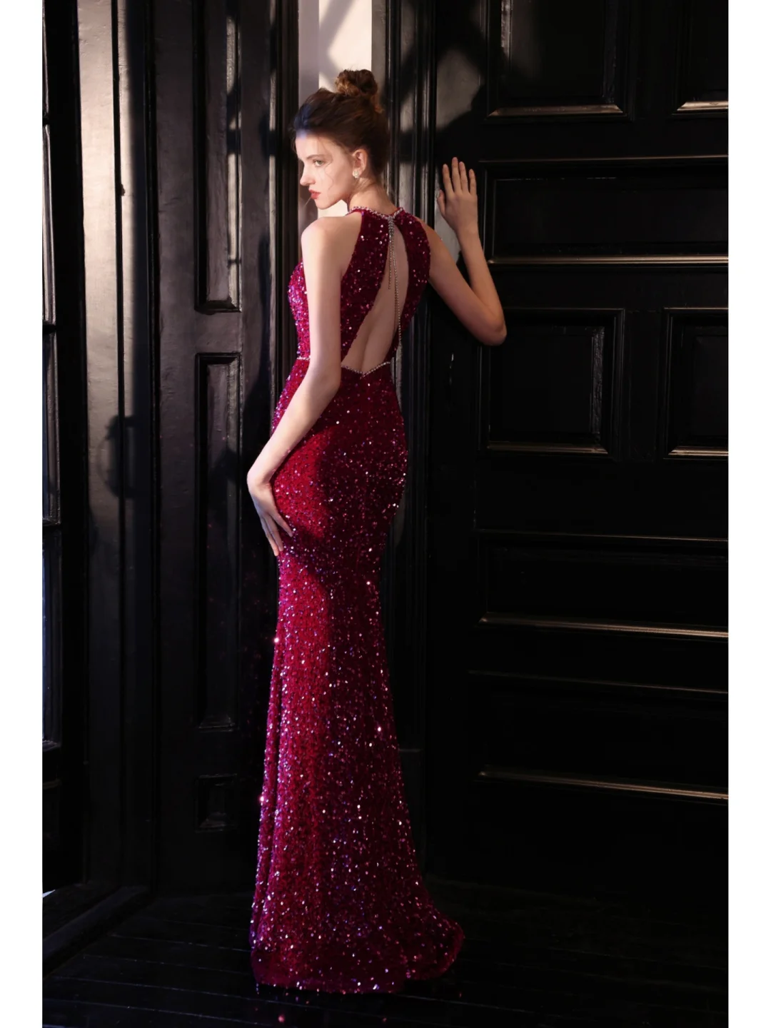 Sparkly Mermaid Jewel Neck Fuchsia Sequin Long Prom Dresses Impress 18th Birthday Outfits Prom Gown AB889