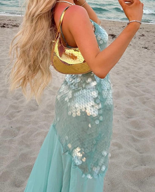 Elegant Mermaid Spaghetti Straps Blue Sequins Long Prom Dresses For Teens Evening Outfits Graduation Formal Dress N1092