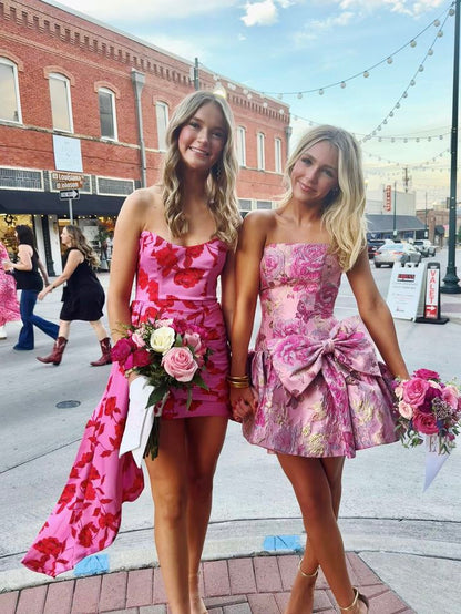 Senior homecoming dress, cute short prom dress inspo Ball Gown Strapless pink floral Birthday Cocktail Ideas Outfits RB8315