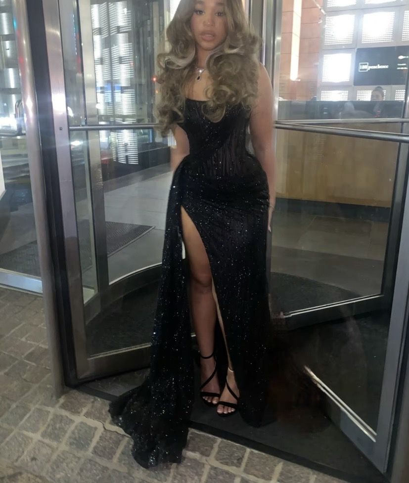 Sexy Black Lace Sequin Slit Mermaid Long Prom Dress Evening Dress AB1625