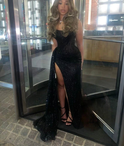Sexy Black Lace Sequin Slit Mermaid Long Prom Dress Evening Dress AB1625