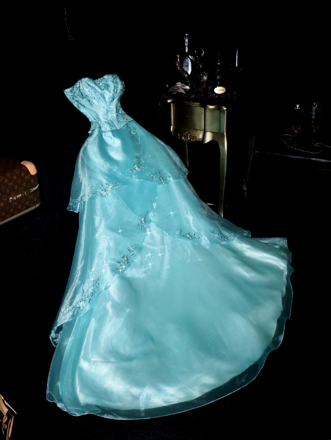 Charming Ball Gown Strapless Blue Organza With Beading Long Prom Dresses Formal Outfits Evening Dress RB8266