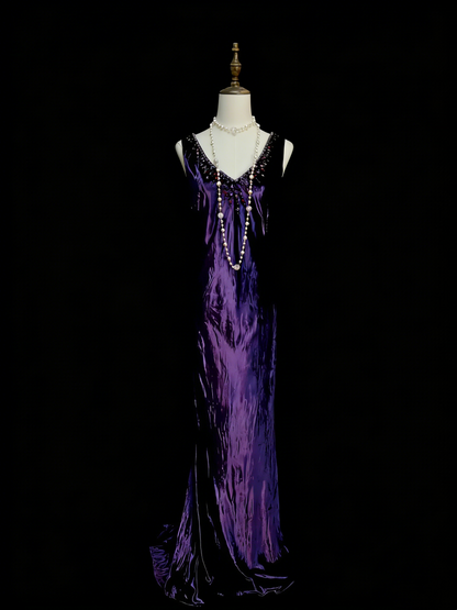 Vintage Mermaid V Neck Purple With Beads College Formal Outfit Long Prom Graduation Dresses For Teens N1310
