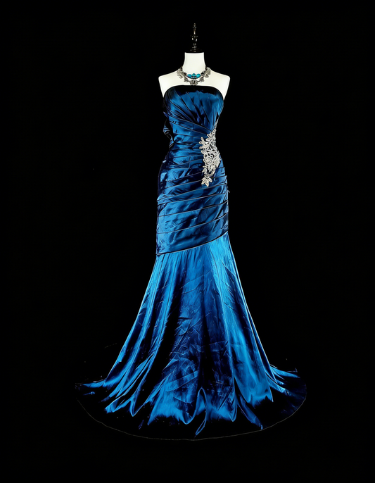Vintage Prom Dresses Mermaid Strapless Folds Navy Blue Satin With Appliques Long Party Dress N2372